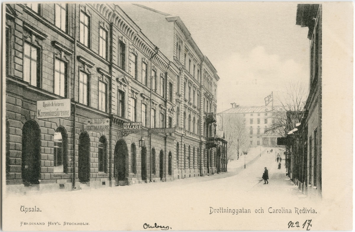 Vykort - Drottninggatan och Carolina Rediviva, Uppsala omkring 1900