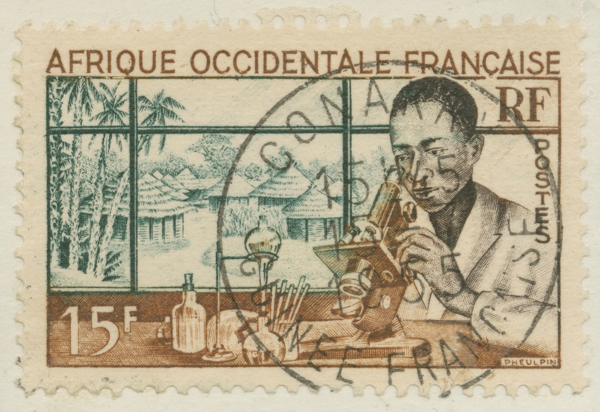 Frimärke ur Gösta Bodmans filatelistiska motivsamling, påbörjad 1950.
Frimärke från Franska Västafrika, 1953. Motiv av hydda i Dahomey,