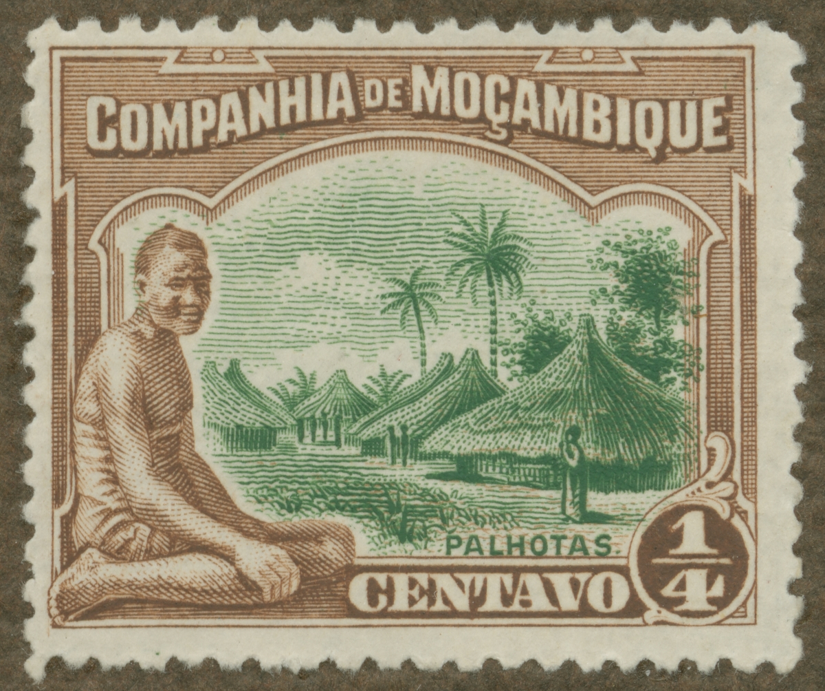 Frimärke ur Gösta Bodmans filatelistiska motivsamling, påbörjad 1950.
Frimärke från Mozambique C:i., 1918. Motiv av hydda i Mozambique C:i.