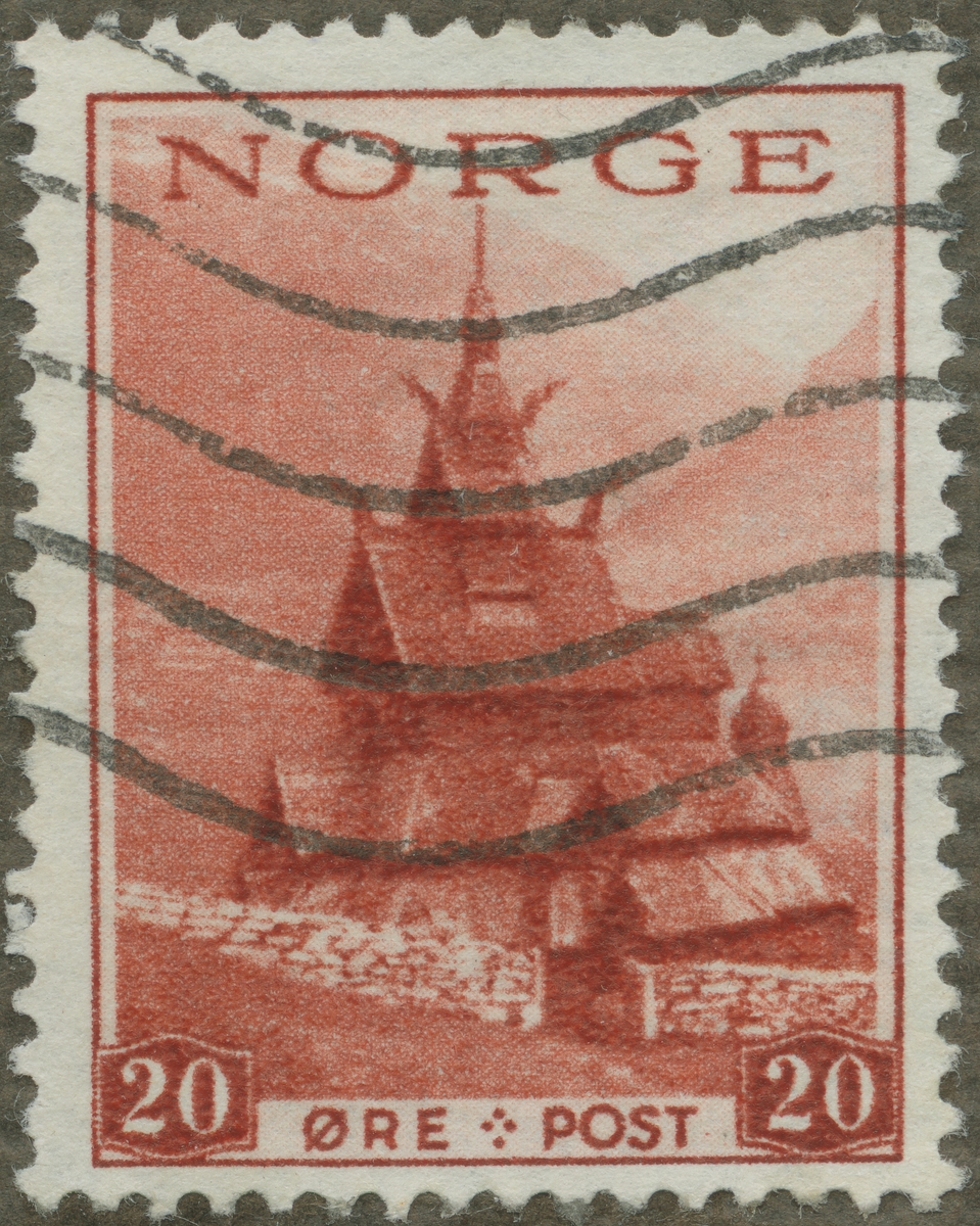 Frimärke ur Gösta Bodmans filatelistiska motivsamling, påbörjad 1950.
Frimärke från Norge, 1938. Motiv av Borgund stavkyrka i Norge.
