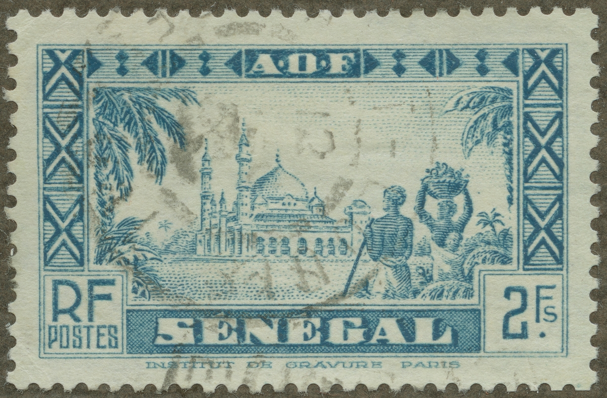 Frimärke ur Gösta Bodmans filatelistiska motivsamling, påbörjad 1950.
Frimärke från Senegal, 1935. Motiv av moské i Diourbel.