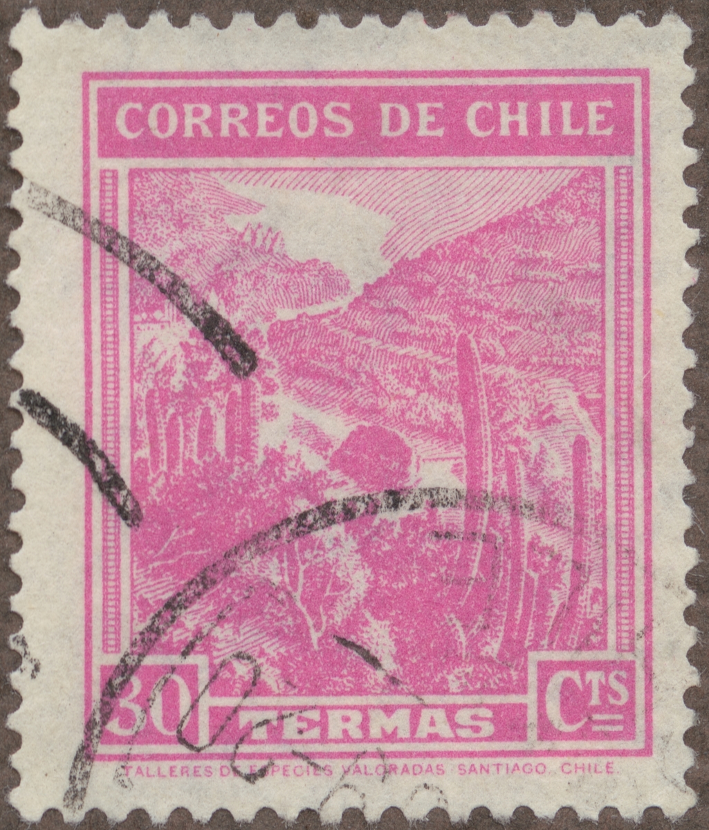 Frimärke ur Gösta Bodmans filatelistiska motivsamling, påbörjad 1950.
Frimärke från Chile, 1938. Motiv av varma hälsokällor.