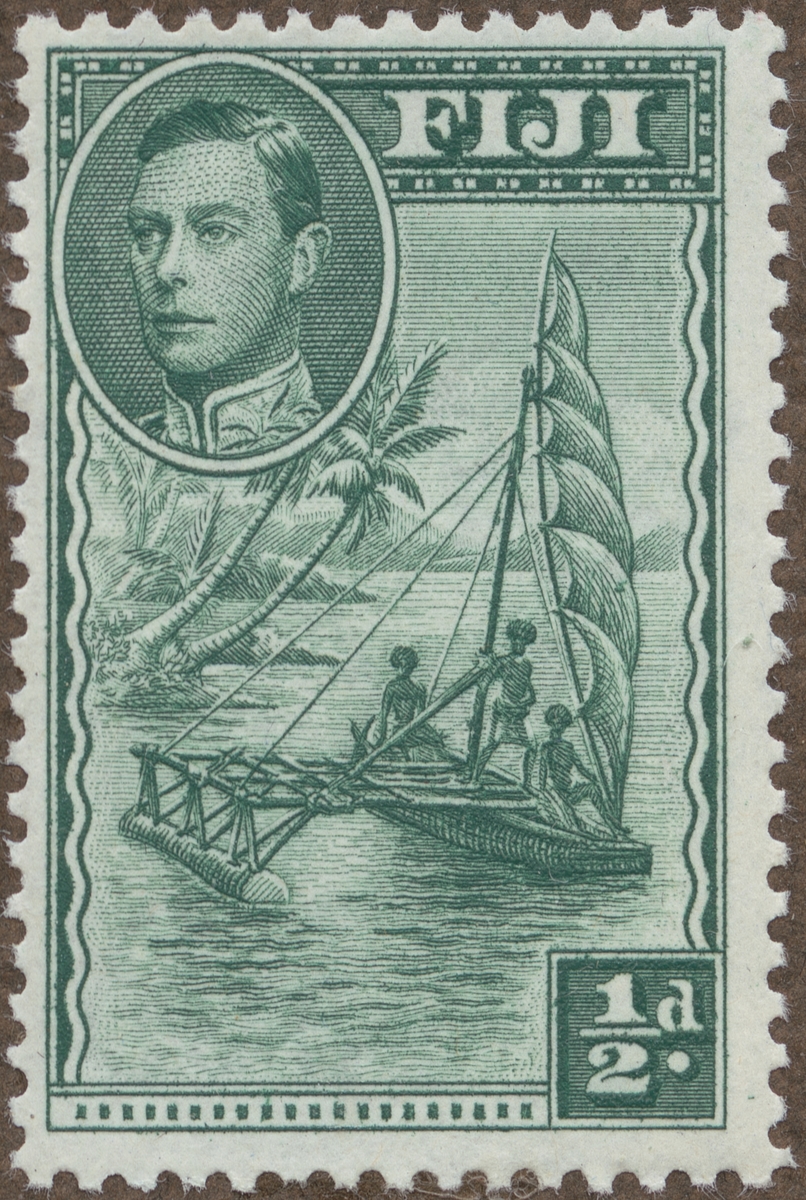 Frimärke ur Gösta Bodmans filatelistiska motivsamling, påbörjad 1950.
Frimärke från Fijiöarna, 1938. Motiv av palmer och Kung George VI.
