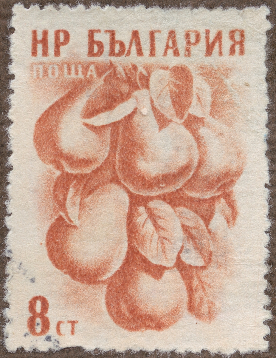 Frimärke ur Gösta Bodmans filatelistiska motivsamling, påbörjad 1950.
Frimärke från Bulgarien, 1957. Motiv av päron. "Frukt serie".