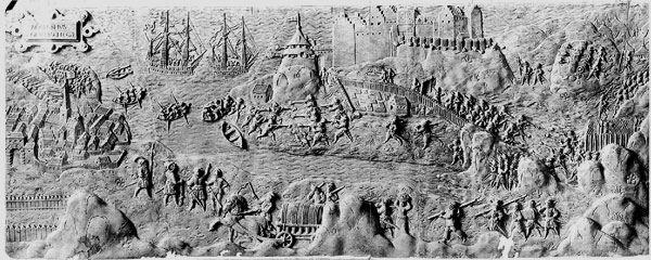 Angrepet på Akershus festning i 1567 under den nordiske syvårskrig er avbildet på Frederik IIs sarkofag i Roskilde. Festningens arkitektur er noe fantasifull, og det er usikkert hvor nøyaktig avbildningen av byen er. (Foto/Photo)