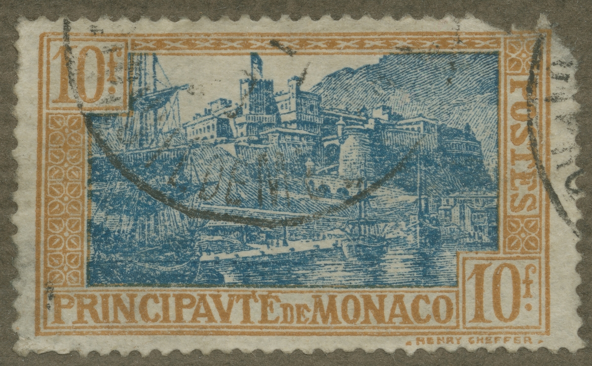 Frimärke ur Gösta Bodmans filatelistiska motivsamling, påbörjad 1950.
Frimärke från Monaco, 1924. Motiv av hamnen i Monaco med Havsforskningsinstitutet.