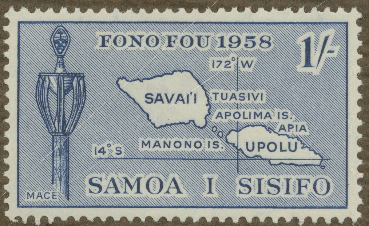 Frimärke ur Gösta Bodmans filatelistiska motivsamling, påbörjad 1950.
Frimärke från Samoa, 1958. Motiv av karta över Samoaöarna i Oceanien.