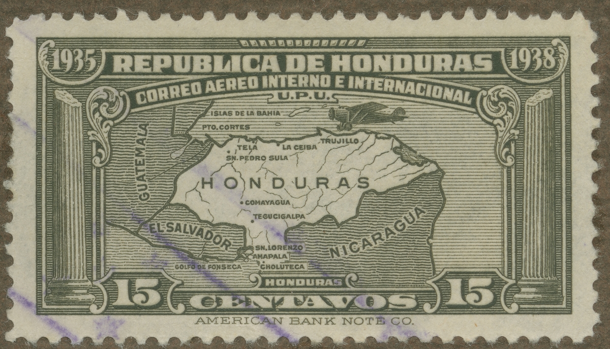 Frimärke ur Gösta Bodmans filatelistiska motivsamling, påbörjad 1950.
Frimärke från Honduras, 1935. Motiv av karta över Honduras.