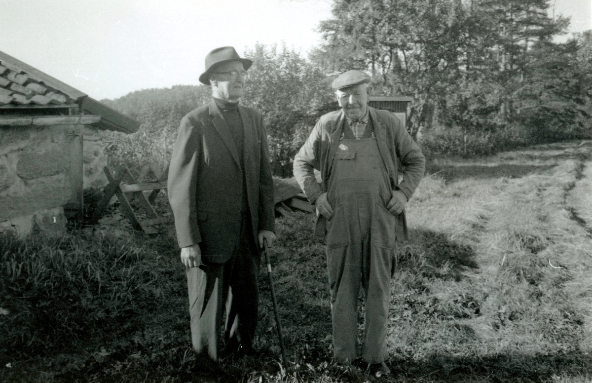 Två män står vid Tulebo Nordgård "Konrads" 1980-tal. Från vänster: Verner Karlsson (1897-1985), Tollered samt Konrad Helgesson (1895-1991), Tulebo. Två skolkamrater, som möttes för första gången sedan skoltiden, på denna Tulebovandring arrangerad av Hembygdsgillet.