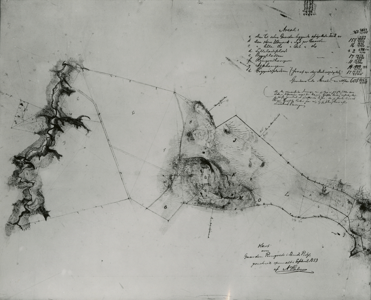 Fotokopi av kart over Gaarden Ringve i Strinde Prstgl. Geometrisk opmaalet i September 1853 af A.Holm.