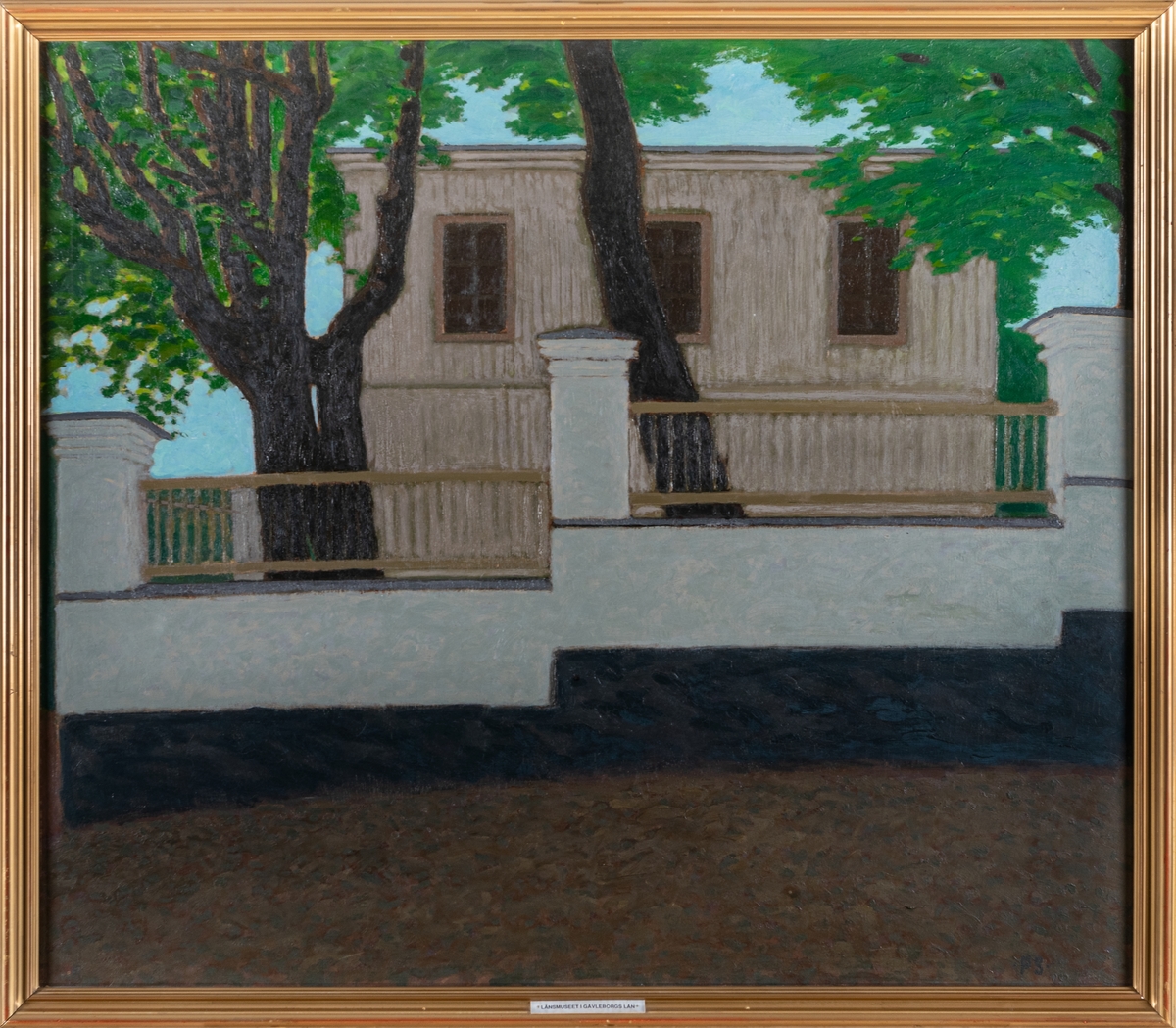 Oljemålning, "Gammalt borgarhus i Gefle" föreställande Berrggrenska gården  vid N. Strandgatan, återger husets Ö. gavel (N. Strandgatan 13) i Gävle.
Profilerad ram, original.