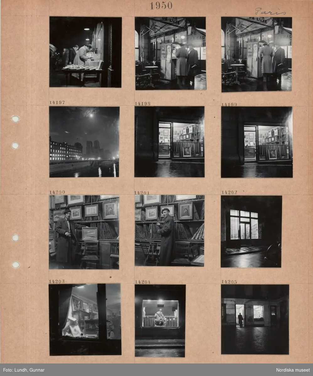 Motiv: Paris, (Ester och Gunnar Lundhs resa till Rivieran) ;
Nattbild med gatuvy med två män som står vid ett bokstånd och tittar i böcker, två personer handlar i en kiosk, nattbild med stadsvy, interiör av en affär med en man som visar en tavla i en konsthandel.