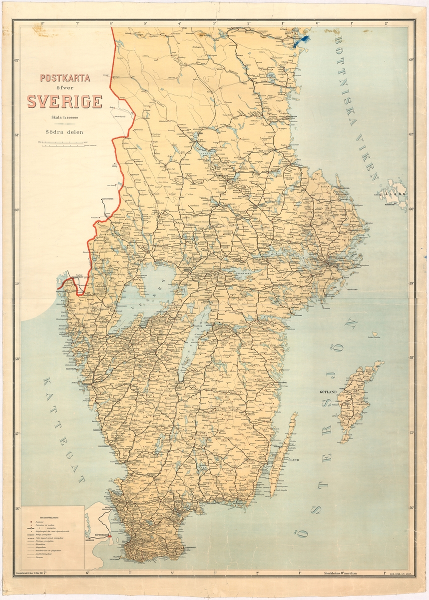 Postkarta över Sverige, södra delen, utgiven 1901. Skala 1:800 000. Kartan uppfordrad på väv.