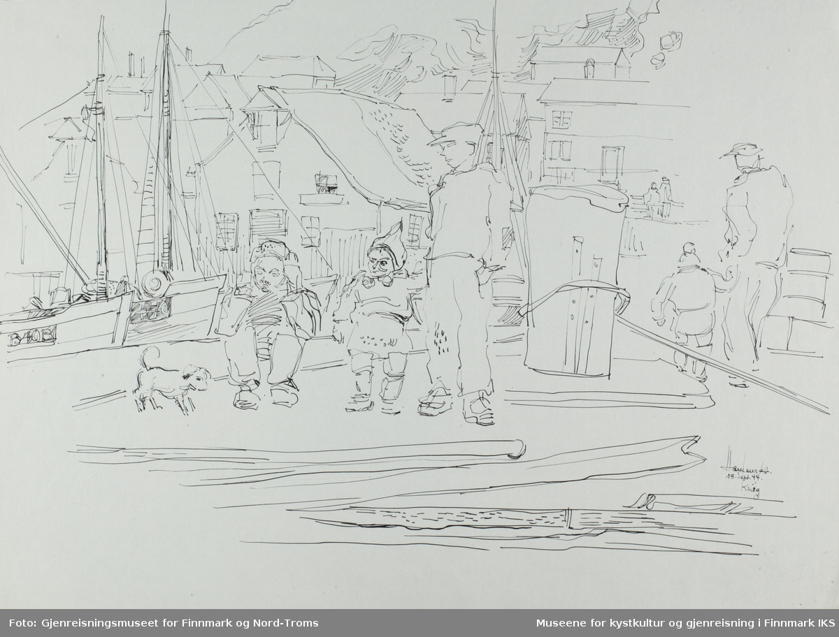 Tegningen viser kaia i Hammerfest med barn og en mann med hund i forgrunnen, deler av fiskebåt  og lagerbygg i bakgrunnen. Deler av Salenfjellet skimtes i bakgrunnen.