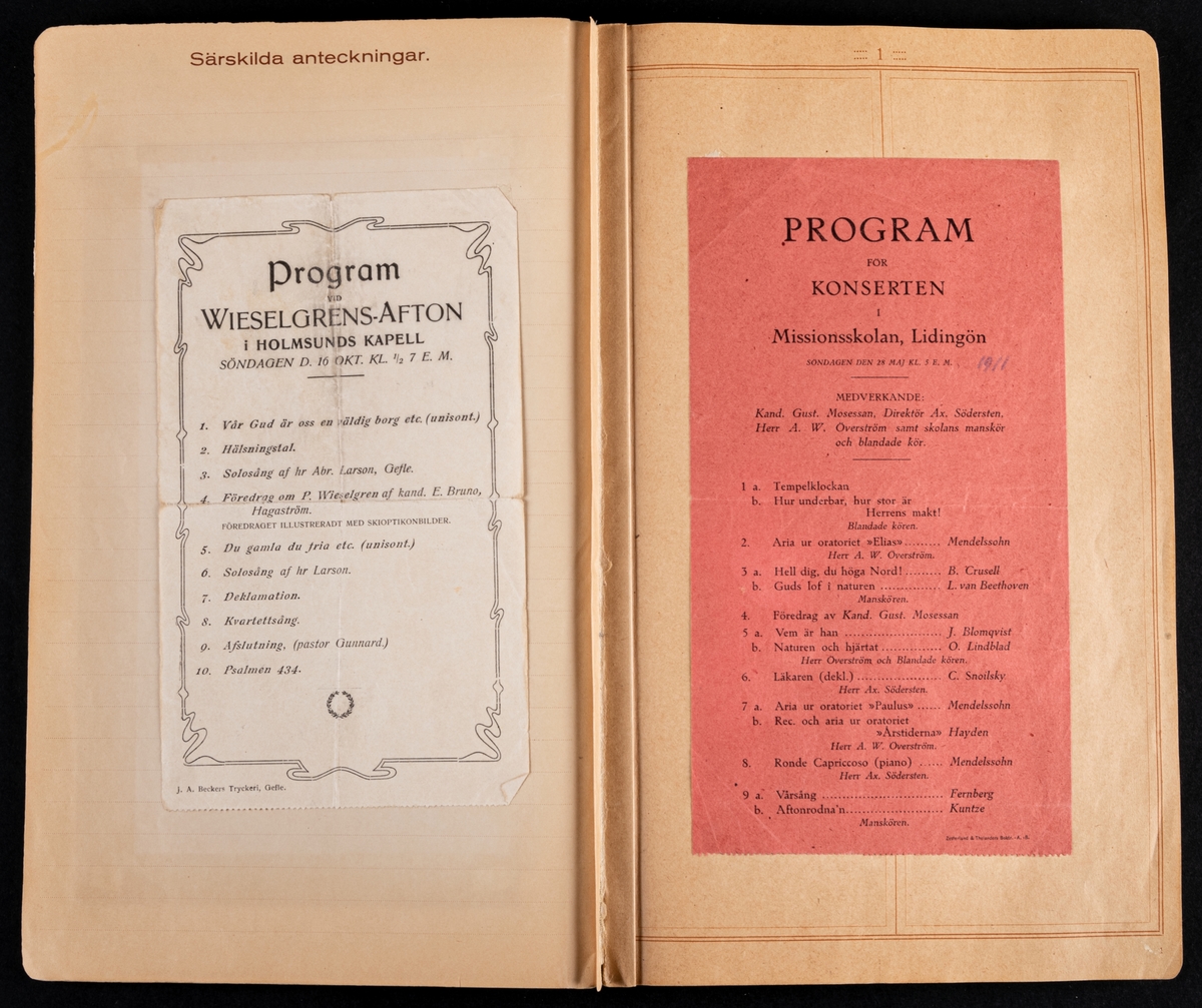 Klippalbum med programblad från olika konserter inom missionskyrkor, mellan åren 1907-1940.