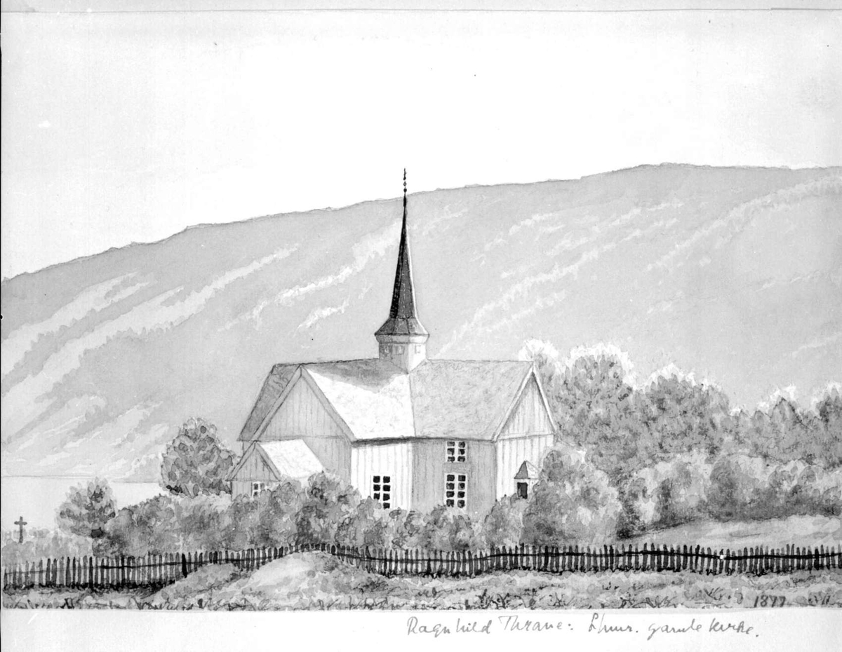 Avfotografert tegning av Lillehammer gamle kirke.