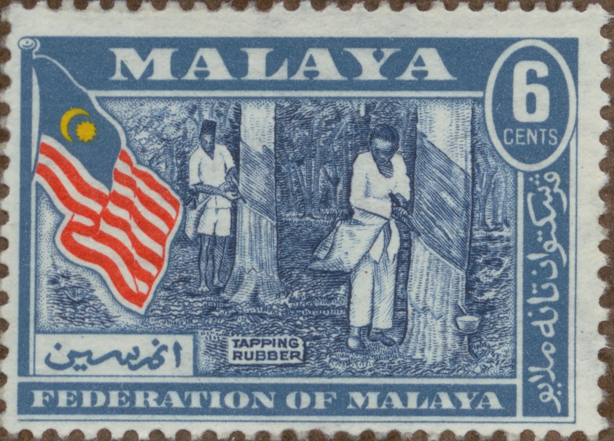 Frimärke ur Gösta Bodmans filatelistiska motivsamling, påbörjad 1950.
Frimärke från Federation of Malaya, 1957. Motiv av gummitappning.