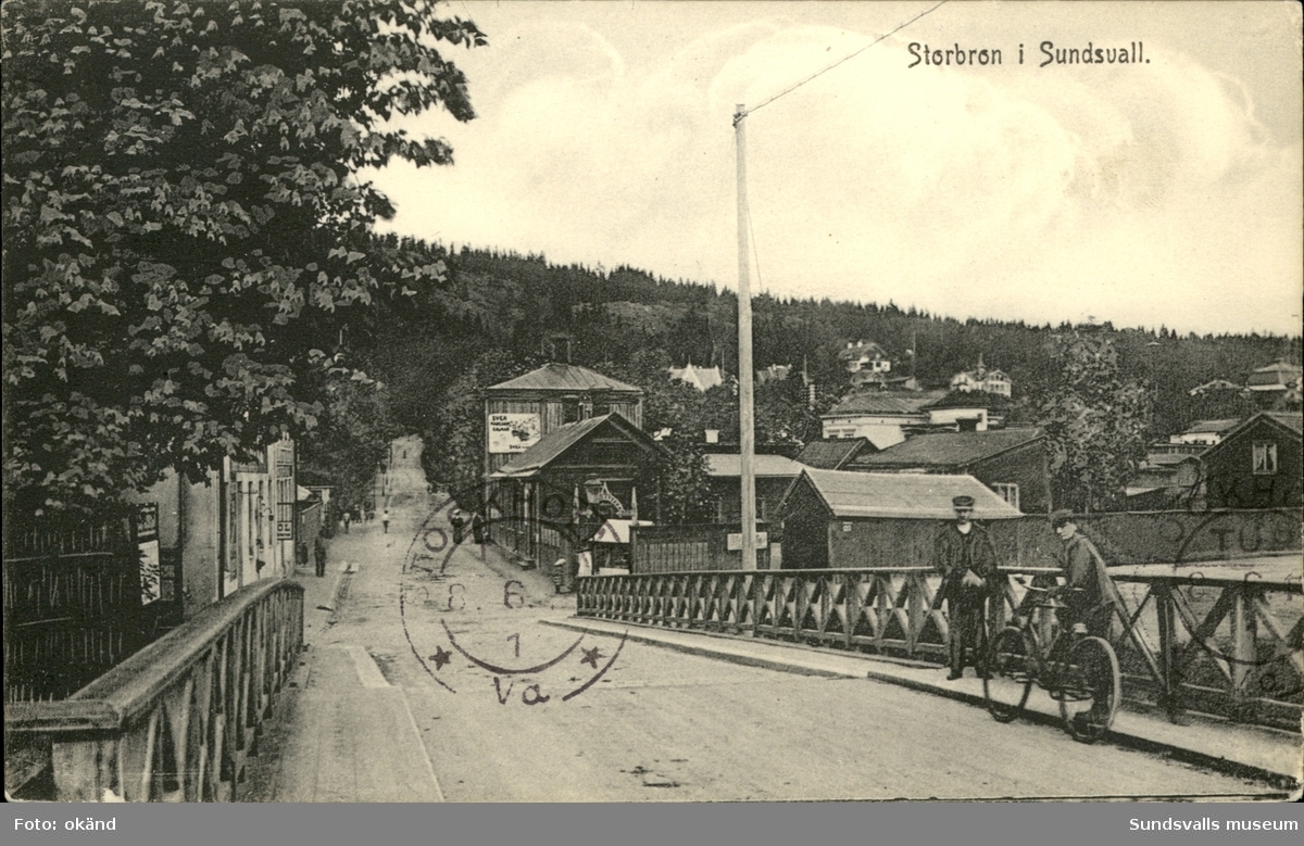 Vykort över Storbron och Norrmalm i Sundsvall.