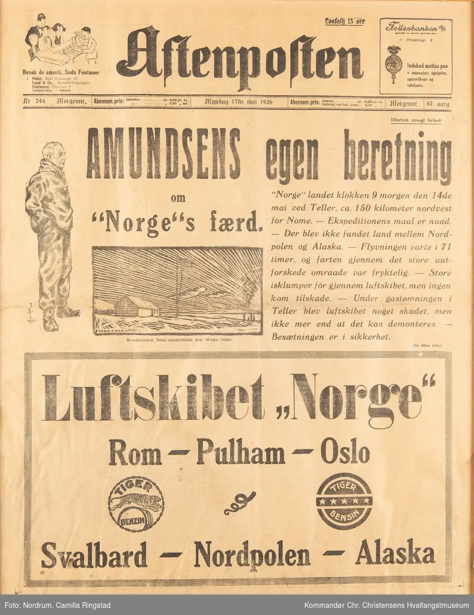 Aftenposten- Førsteside morgennummer mandag 17de mai 1926