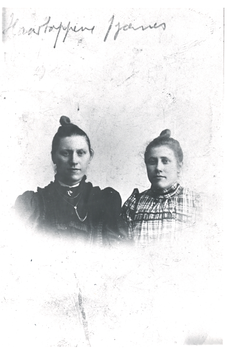 To damer. Karoline Hansen og en ukjent. Karoline Hansen var fra Kaldfarnes i Torsken. Bildet tatt etter 1900.