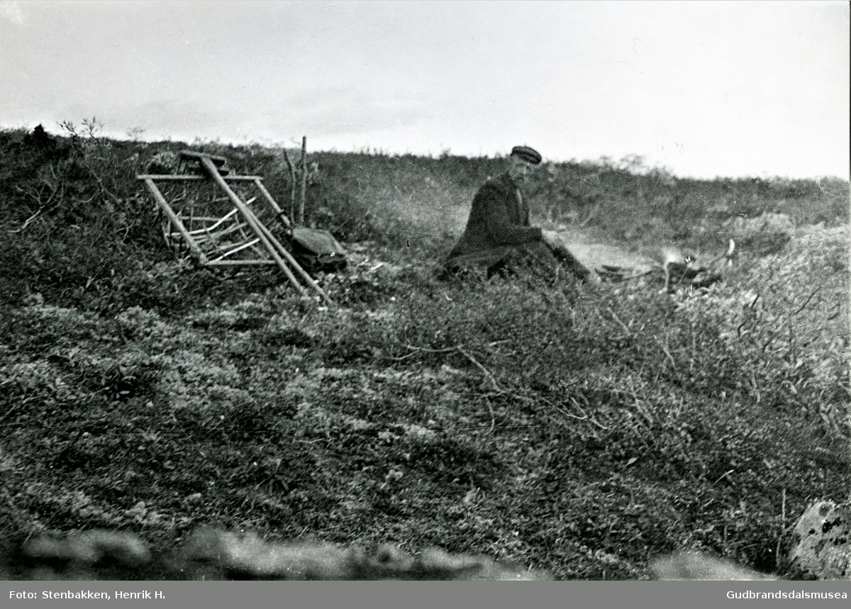 En moseplukker tar en kvil. Haldor Stenbakken ca. 1925