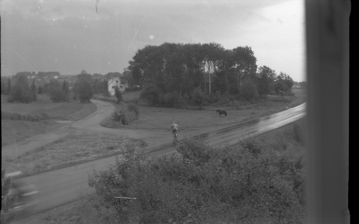 Utsikt mot gården Brunsberg på Kraby, Østre Toten. I forgrunnen en regnvåt riksveg 33. En kvinnelig syklist svinger av fra riksvegen i retning Brunsberg, og en hest beiter meelom riksvegen og det som nå heter Tetenvegen.