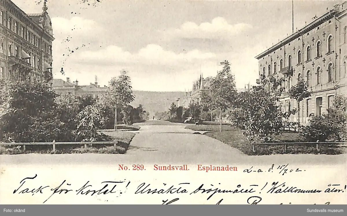Vykort med motiv över Esplanaden i Sundsvall.