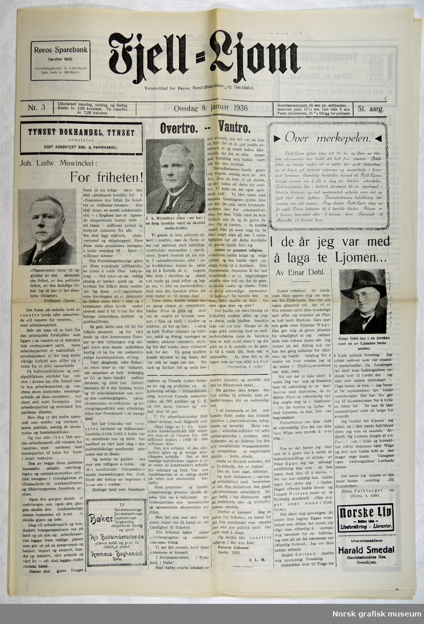 "Fjell = Ljom" Jubileumsnummer: Onsdag. 8. januar 1936 - 50 år.
Giver: Norske avisers Landsforening, 24.09.1996.