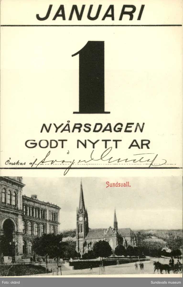 Vykort med motiv över Allmänna läroverket och Gustav Adolfs kyrka samt en Gott nytt år- hälsning.
