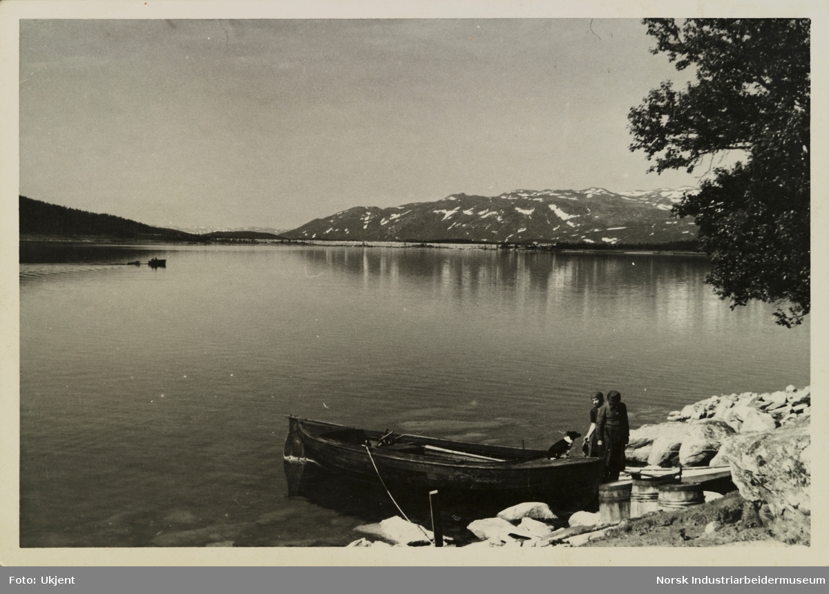 Terjei og Oline Skinnarland står ved snekke og pråm i vannkante på Møsvatn ved Skinnarland. I båten sitter en hund. Ute på innsjøen sees en annen båt