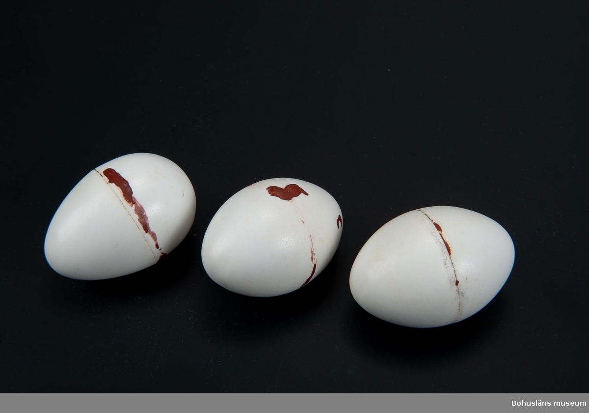 Tre vita ägg av celluloid med gjutsöm över äggets midja. Spår av brun färg.