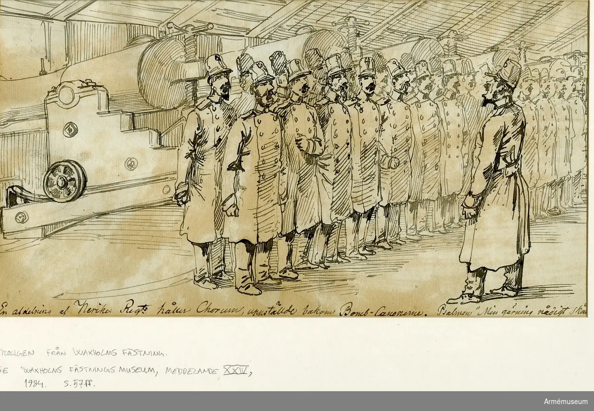 Grupp M I.
Teckning av Alexander Wetterling föreställande "En afdelning av Nerikes Reg:te håller korum, uppställde bakom Bomb Canonerne".