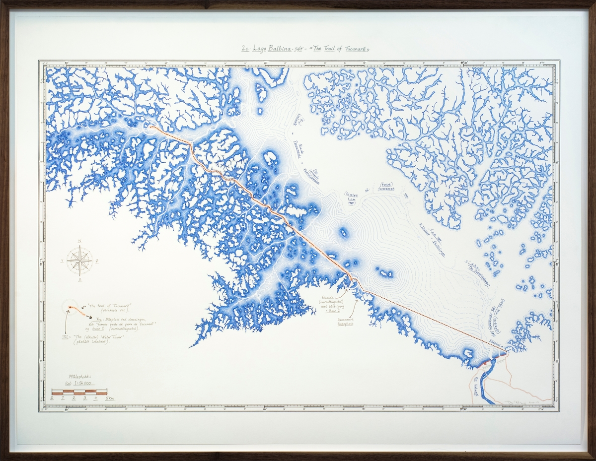 De to håndtegnede kartene fremstiller Balbinosjøen, en menneskeskapt innsjø demmet opp på 1980-tallet. De hvite utsparte linjene i midten markerer det opprinnelige elveløpet, mens de skraverte linjene, som minner om koter fra 1800-tallets kartfremstillinger, markerer den oppdemte innsjøens grenselinjer mellom land og vann. Den stiplede røde linjen i midten beskriver en tenkt reiserute som refererer til de mange myter og forestillinger om vestlige oppdagelsesreisende som har forsøkt å overvinne Amazonas ugjennomtrengelige jungel. Tegningene med sine presise linjer, avspeiler hvordan kunstige innsjøers konturer synliggjør én spesifikk høydekurve, før erosjon og tidens tann sliper med de skarpe kantene.