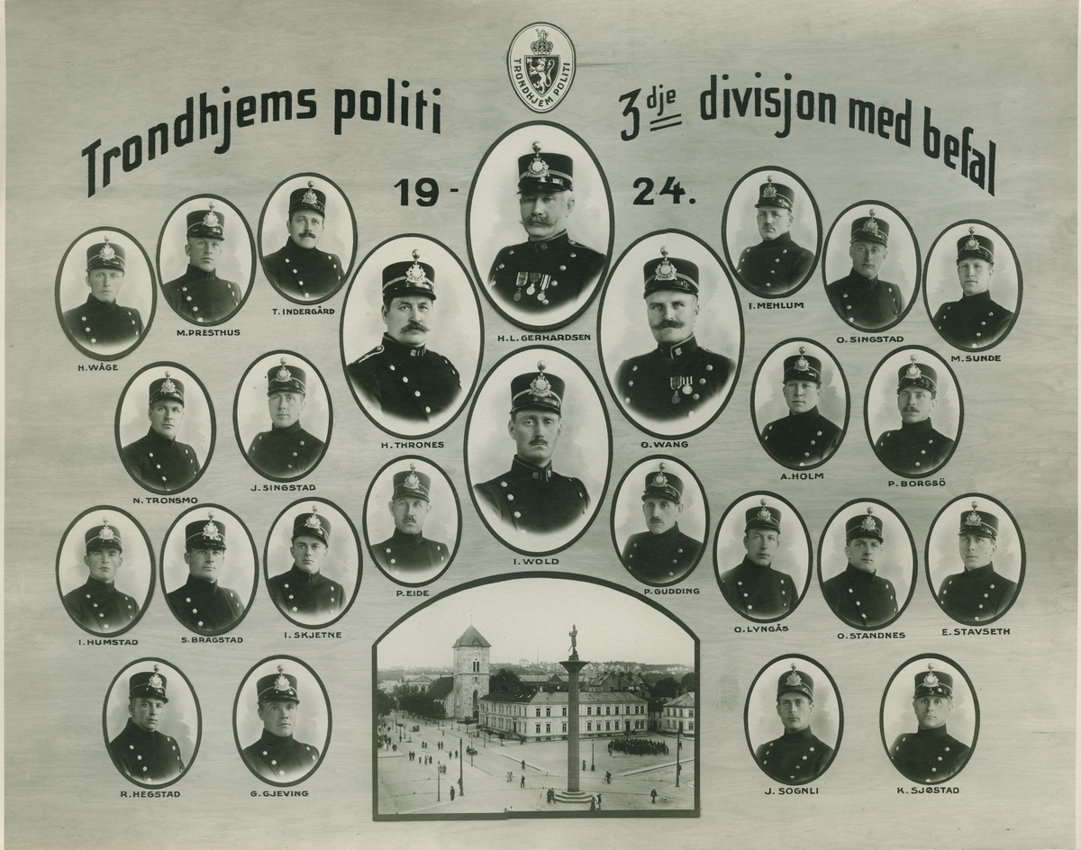 Portrettmontasje av ansatte ved Trondhimspolitiets tredje divisjon i 1924.