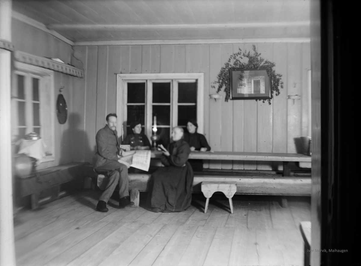 Nordigard Storvik, gruppe på fire sitter inne ved langbord