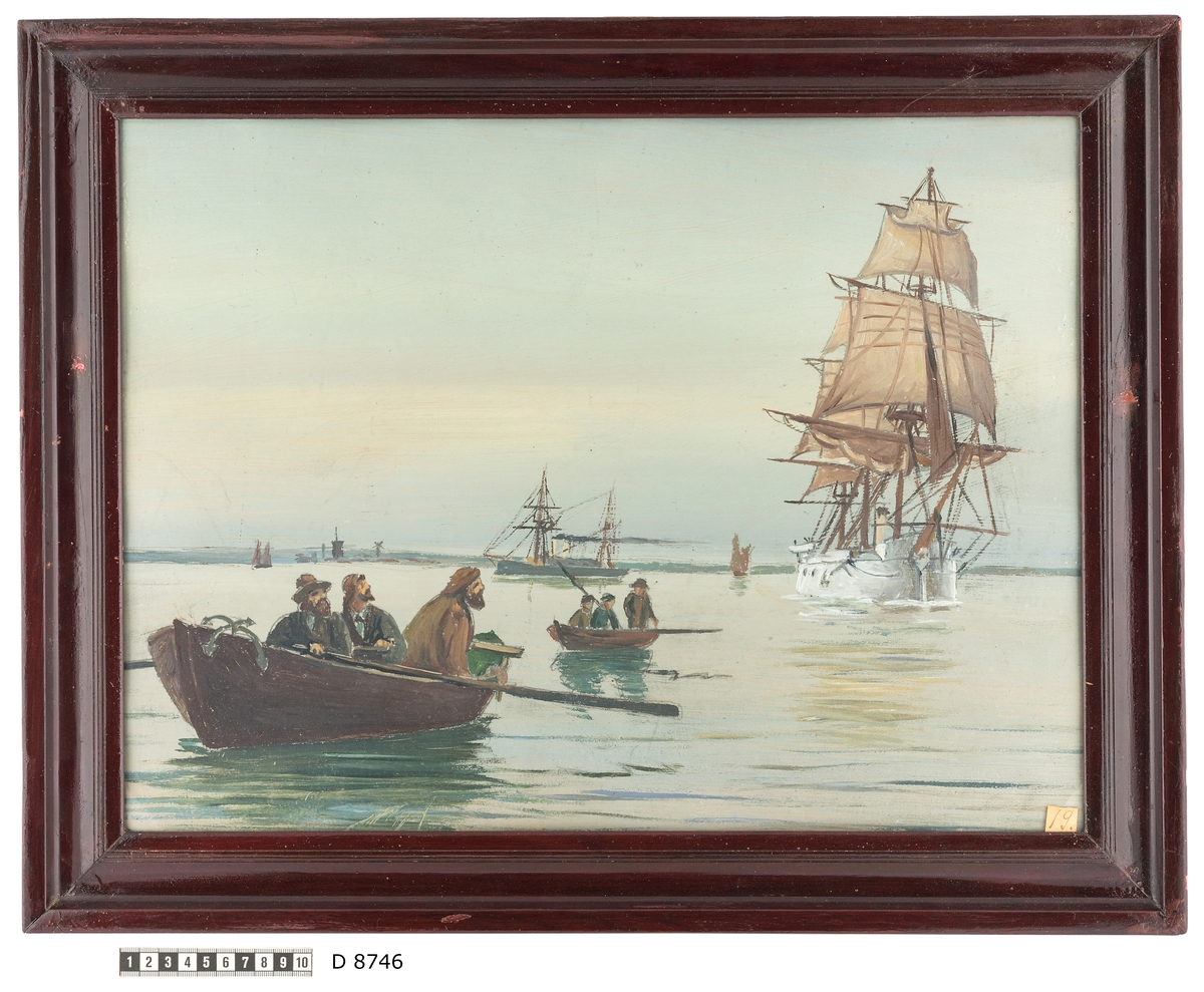 Denna oljemålning visar korvetten Saga under segel som beskådas av två grupper av sjömän i roddbåtar.