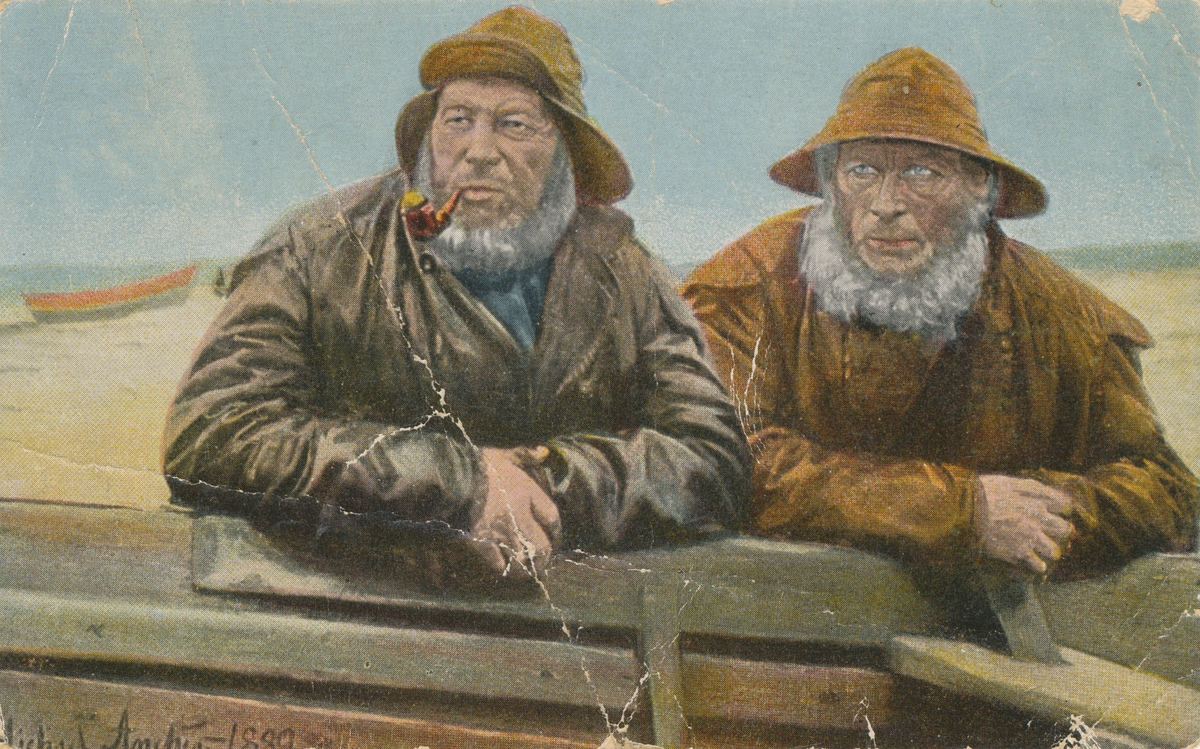 Postkortmotiv av et maleri med portrett av to fiskere.