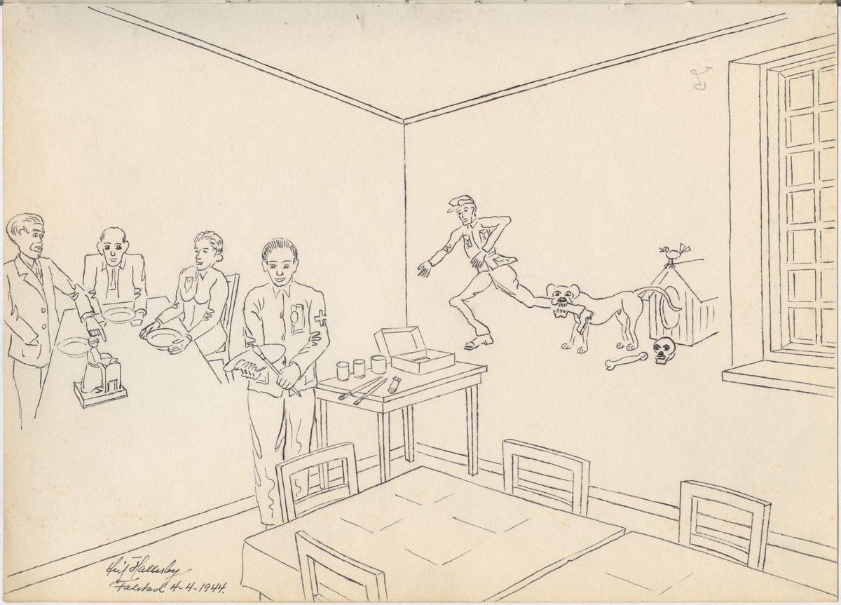 Tegning fra Falstad fangeleir, "Veggdekorasjoner, høsten 1943". Veggmalerier i spisesal i leirens hovedbygning, malt av fanger på oppdrag fra leirledelsen høsten 1943. Tegninga er datert 04.04.1944.