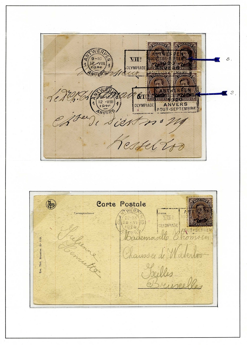 To postkort montert på albumside, begge postkortene er frankert med frimerker med bilde av kong Albert I av Belgia. På det øverste postkortet er det trykkfeil i stempelet, markert med en pil.