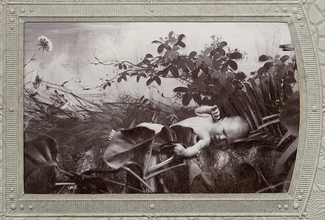 En baby som ligger omgiven av växter m.m.
Helfigur. Ateljéfoto. 

Trol. fotografens dotter.