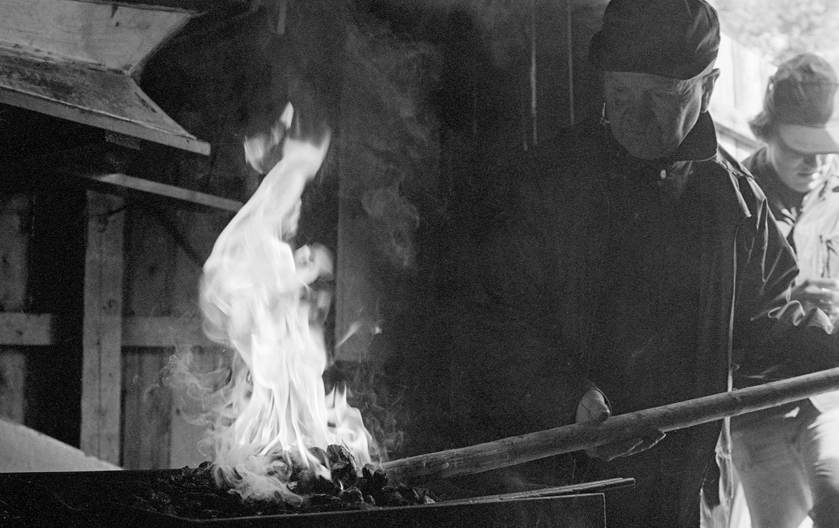 Harald Øren (1921-2000) fra Osen kvesser fløterhaker i smia ved fløtersenteret Sørlistøa ved Osensjøen i Åmot kommune, Hedmark. Øren er fotografert ved essa, der han hadde gjort opp varme. Øverst til venstre ser vi litt av belgen som ble brukt til å blåse oksygenrik luft inn i avlen. Her ble jernet i hakene varmet, slik at det ble mjukt og formbart. Deretter ble hakespissene hamret kvasse på en ambolt.