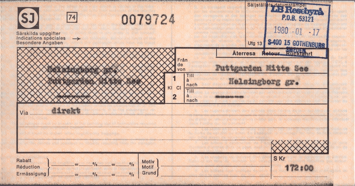 Två biljetter i ett häfte köpt på LB Resebyrå i Göteborg:
Biljett i 1:a klass från Helsingbort direkt till Puttgarten Mitte See. Priset är 172 kronor. I övre högra hörnet är det stämplat LB Resebyrå 1980-01-17.
Bliljett i 1:a klass från Puttgarten Mitte See direkt till Helsingborg. Priset är 172 kronor. I övre högra hörnet är det stämplat LB Resebyrå 1980-01-17.
På baksidan står att biljetten är giltig i två månader från 1980-01-23 och att priset är 172 kronor.
På baksidan finns reseinformation på franska och tyska.