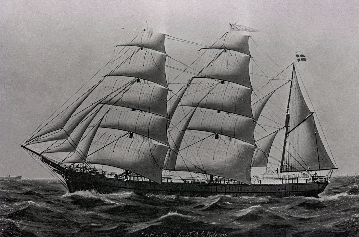 Ett reprofoto av ett fartygsporträtt som avbildar det tremastade barkskeppet Atlantic från Gävle.

På tavlan står det "Kapten O.G. Nilsson".