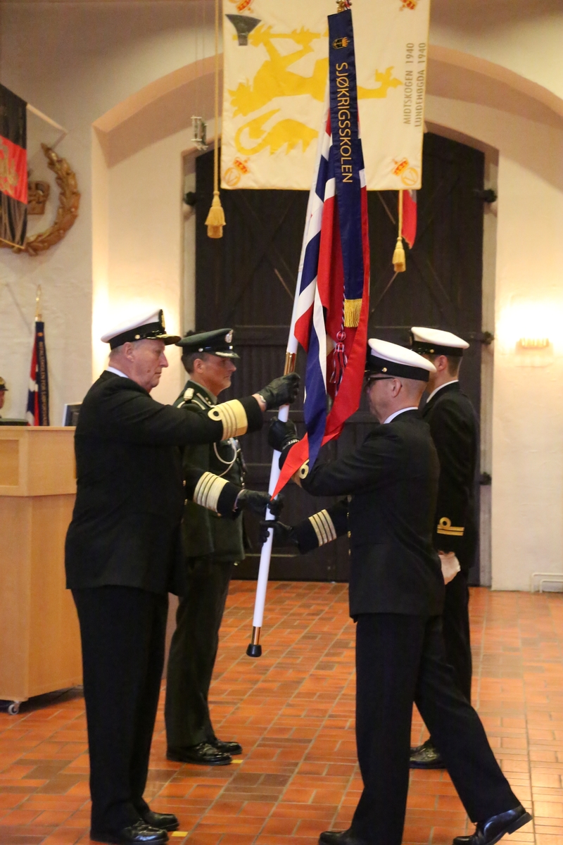Sjøforsvarets faner består av orlogsflagget på hvit stang, med kongespir og banderole med avdelingens navn og en flaggsnor.