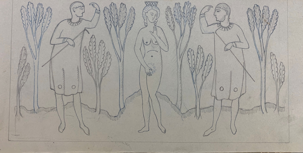 Graalfat av Fritz Blomqvist, med motiv i blått bestående av en naken kvinna flankerad av två gestikulerande män. Kvinnan skyler sig hjälpligt med händerna. Motivet ser ut att vara antikinspirerat. Motivet har en rosaröd inramning. Se även ritning till graalmönstret i bildflödet. Tillverkat av Knut Bergqvist 1917.