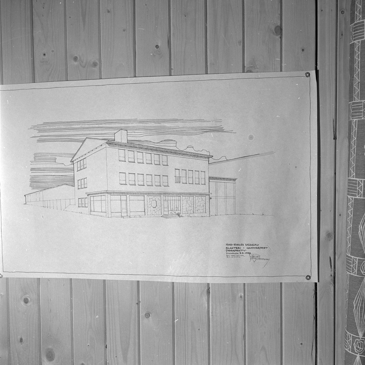Bøndernes Salgslags tekniske kontor. Tegninger av slakterier i bla Mosjøen, Hammerfest og Stjørdal