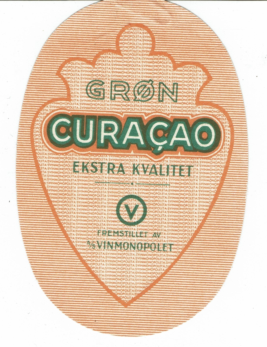 Grøn Curacao. Fremstillet av A/S Vinmonopolet. Den eldste etiketten tilhørende Curacao. 