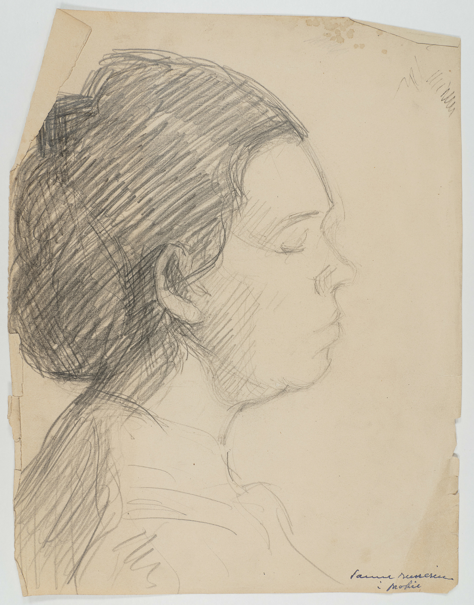 Skisse/ blyanttegning, portrett av kvinne i profil.