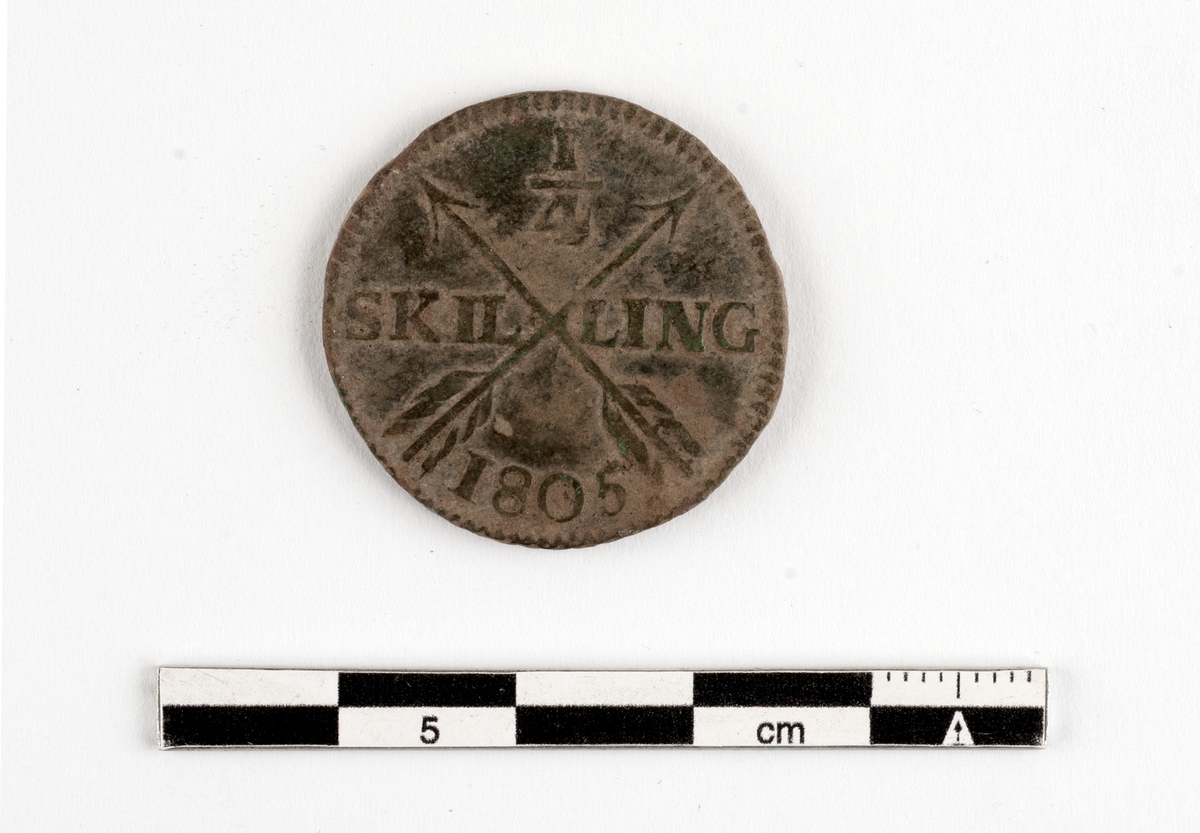 Mynt av kopparlegering. 1/4 skilling. Daterad 1805.