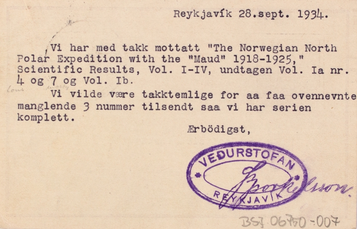 Takkekort-samling vedr. polarskipet MAUD. Takkekort fra Rjefspjavik, Island  (med frimerke) i forbindelse med at de har mottatt publikasjon vedr. MAUD sin polekspedisjon i 1918-1925.